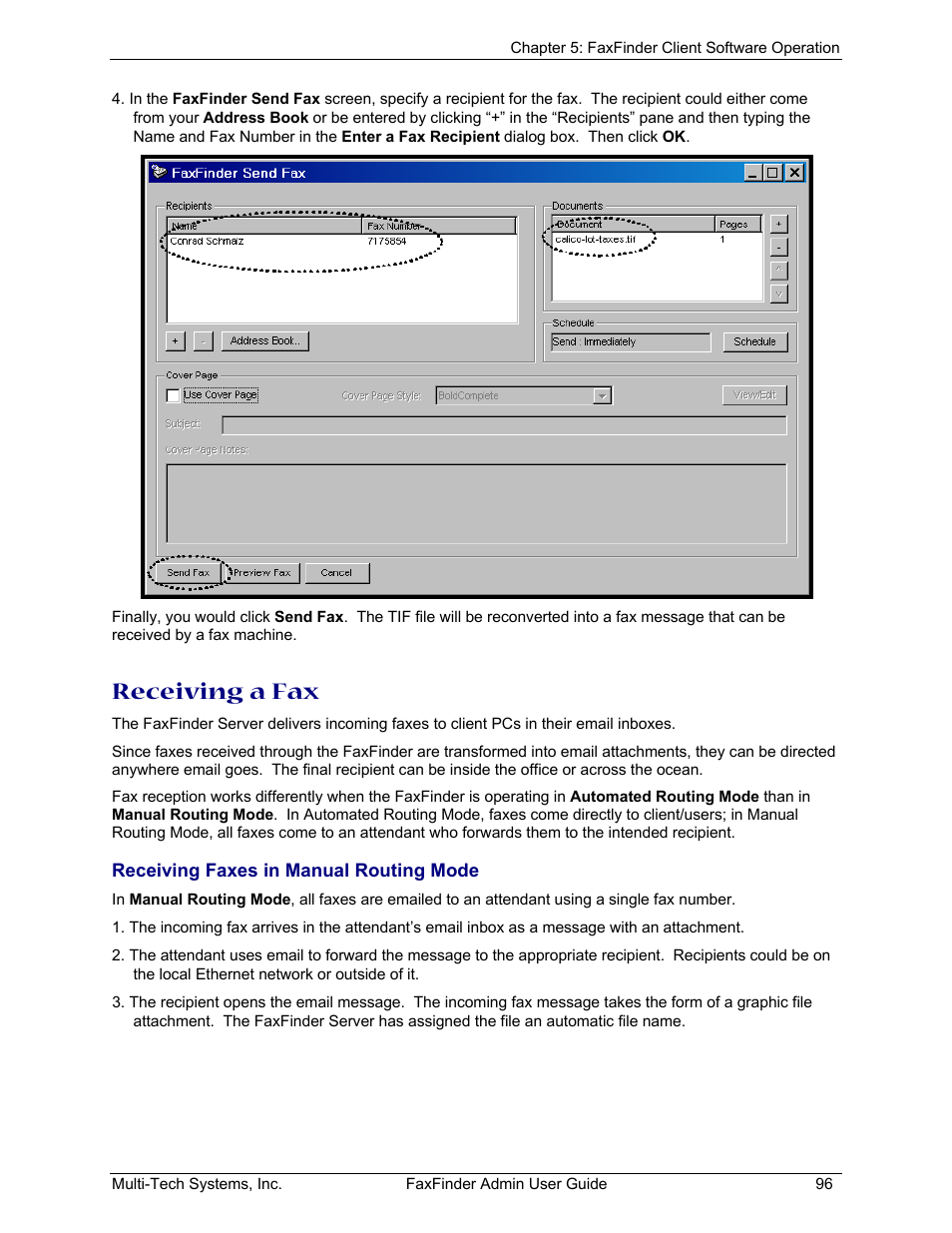 Receiving faxes in manual routing mode, Receiving a fax | Multi-Tech Systems FAX FINDER FF220 User Manual | Page 96 / 205