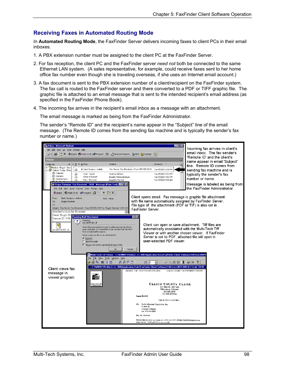 Receiving faxes in automated routing mode | Multi-Tech Systems FAX FINDER FF220 User Manual | Page 98 / 205