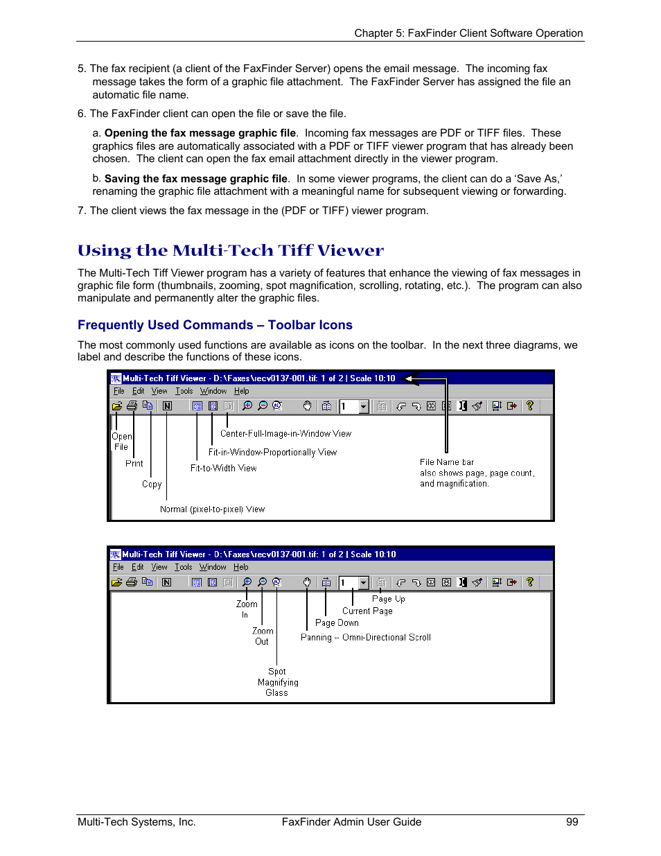 Frequently used commands – toolbar icons, Using the multi-tech tiff viewer | Multi-Tech Systems FAX FINDER FF220 User Manual | Page 99 / 205