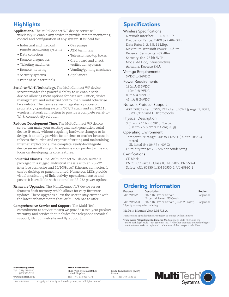 Highlights, Ordering information, Specifications | Multi-Tech Systems Multi-Tech MultiConnect WF MTS2WFA-R User Manual | Page 2 / 2