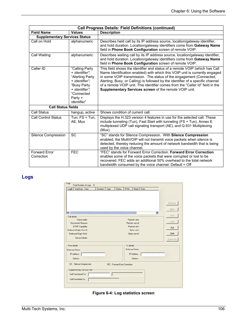 Logs | Multi-Tech Systems MULTIVOIP MVP210/410/810 User Manual | Page 106 / 144