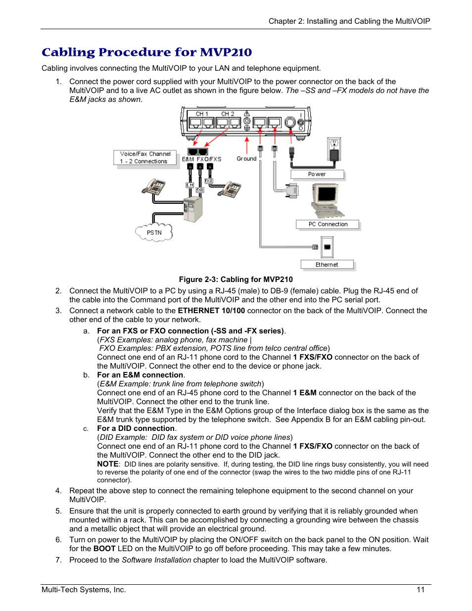 Cabling procedure for mvp210 | Multi-Tech Systems MULTIVOIP MVP210/410/810 User Manual | Page 11 / 144