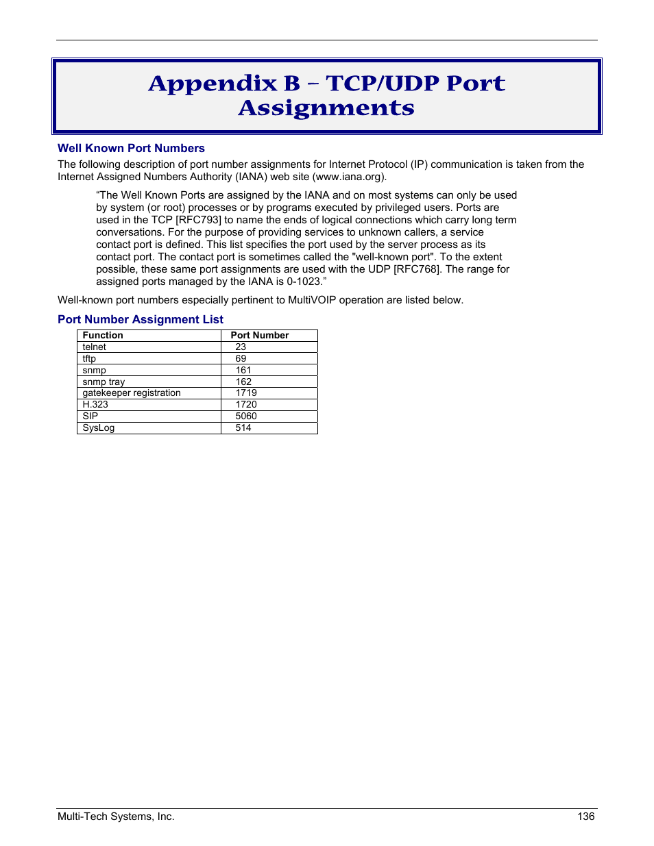 Appendix b – tcp/udp port assignments | Multi-Tech Systems MULTIVOIP MVP210/410/810 User Manual | Page 136 / 144