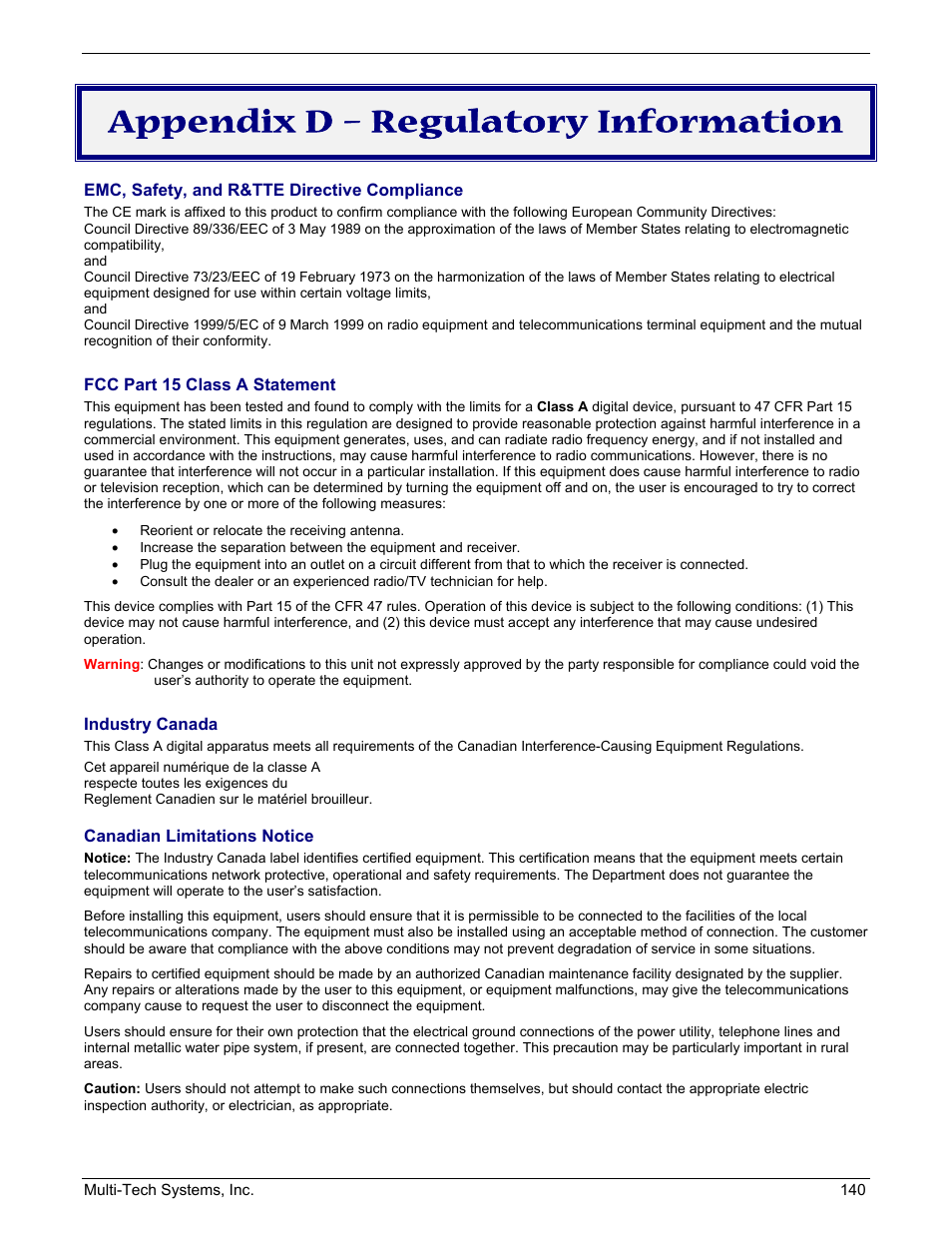 Appendix d – regulatory information | Multi-Tech Systems MULTIVOIP MVP210/410/810 User Manual | Page 140 / 144