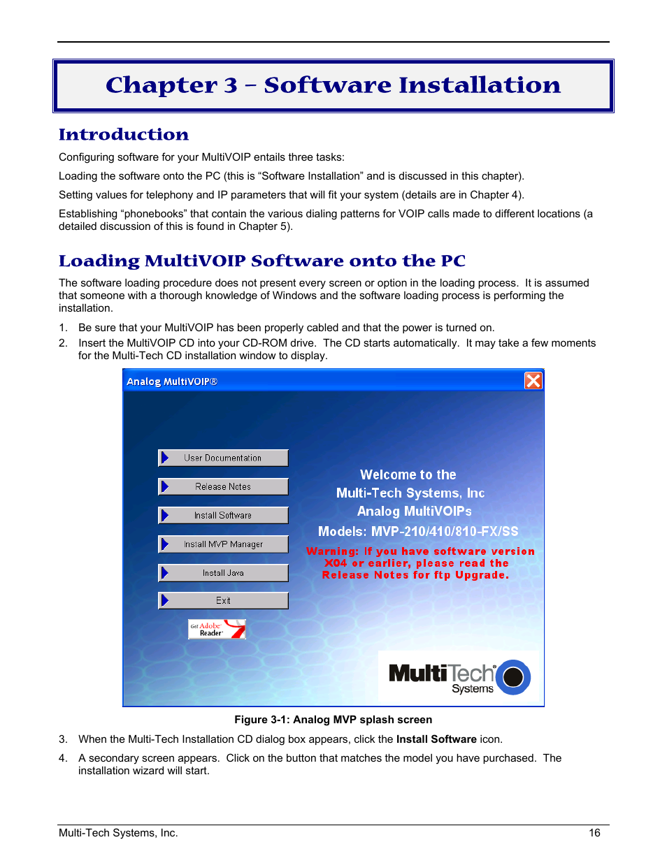 Chapter 3 – software installation, Introduction, Loading multivoip software onto the pc | Multi-Tech Systems MULTIVOIP MVP210/410/810 User Manual | Page 16 / 144