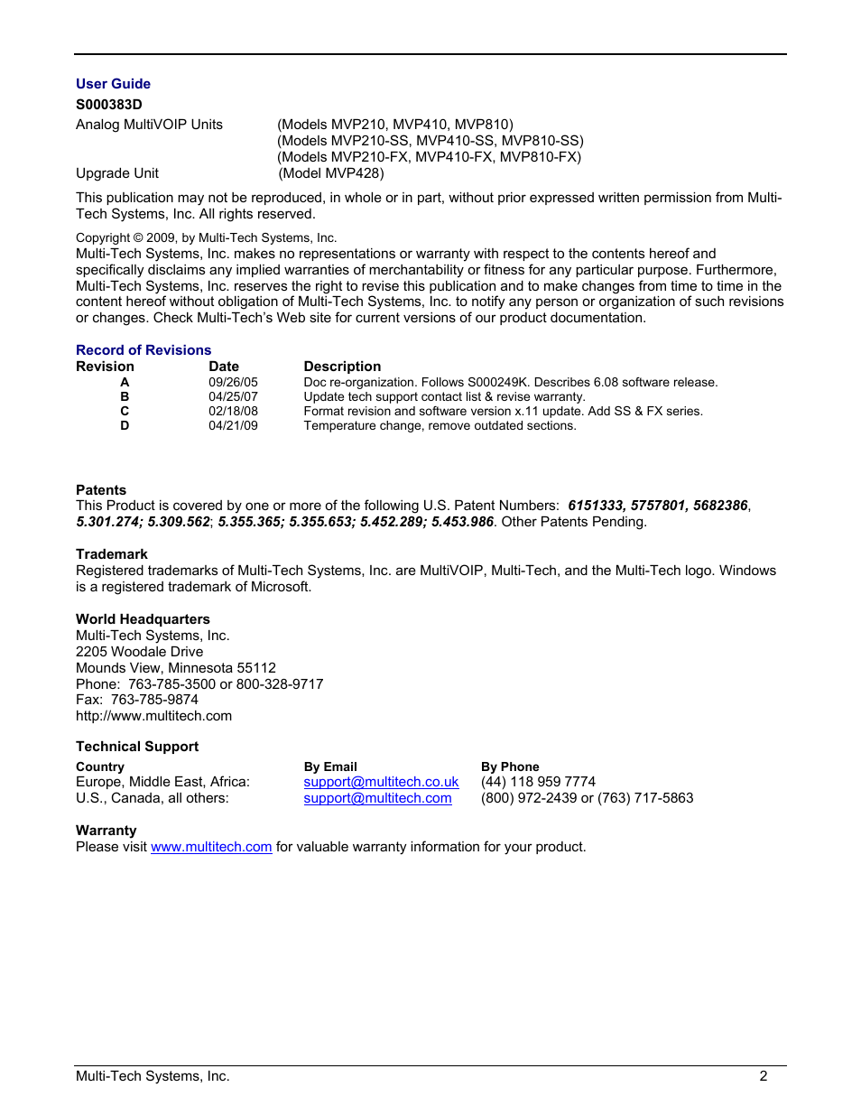 Multi-Tech Systems MULTIVOIP MVP210/410/810 User Manual | Page 2 / 144