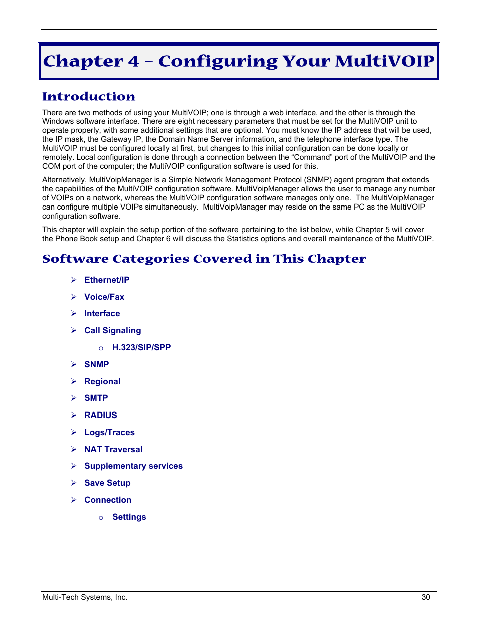 Chapter 4 – configuring your multivoip, Introduction, Software categories covered in this chapter | Multi-Tech Systems MULTIVOIP MVP210/410/810 User Manual | Page 30 / 144