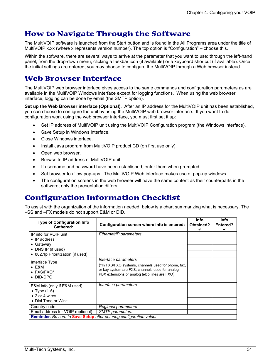 How to navigate through the software, Web browser interface, Configuration information checklist | Multi-Tech Systems MULTIVOIP MVP210/410/810 User Manual | Page 31 / 144