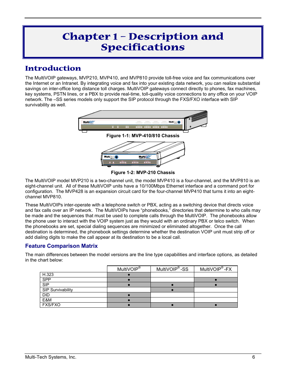 Chapter 1 – description and specifications, Introduction, Feature comparison matrix | Multi-Tech Systems MULTIVOIP MVP210/410/810 User Manual | Page 6 / 144
