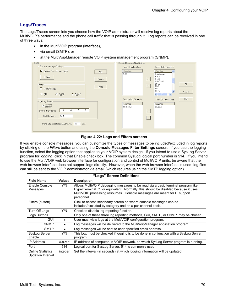 Logs/traces | Multi-Tech Systems MULTIVOIP MVP210/410/810 User Manual | Page 70 / 144