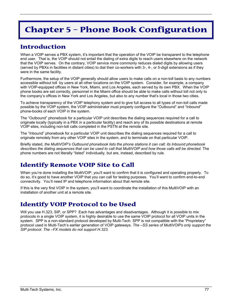 Chapter 5 – phone book configuration, Introduction, Identify remote voip site to call | Identify voip protocol to be used | Multi-Tech Systems MULTIVOIP MVP210/410/810 User Manual | Page 77 / 144