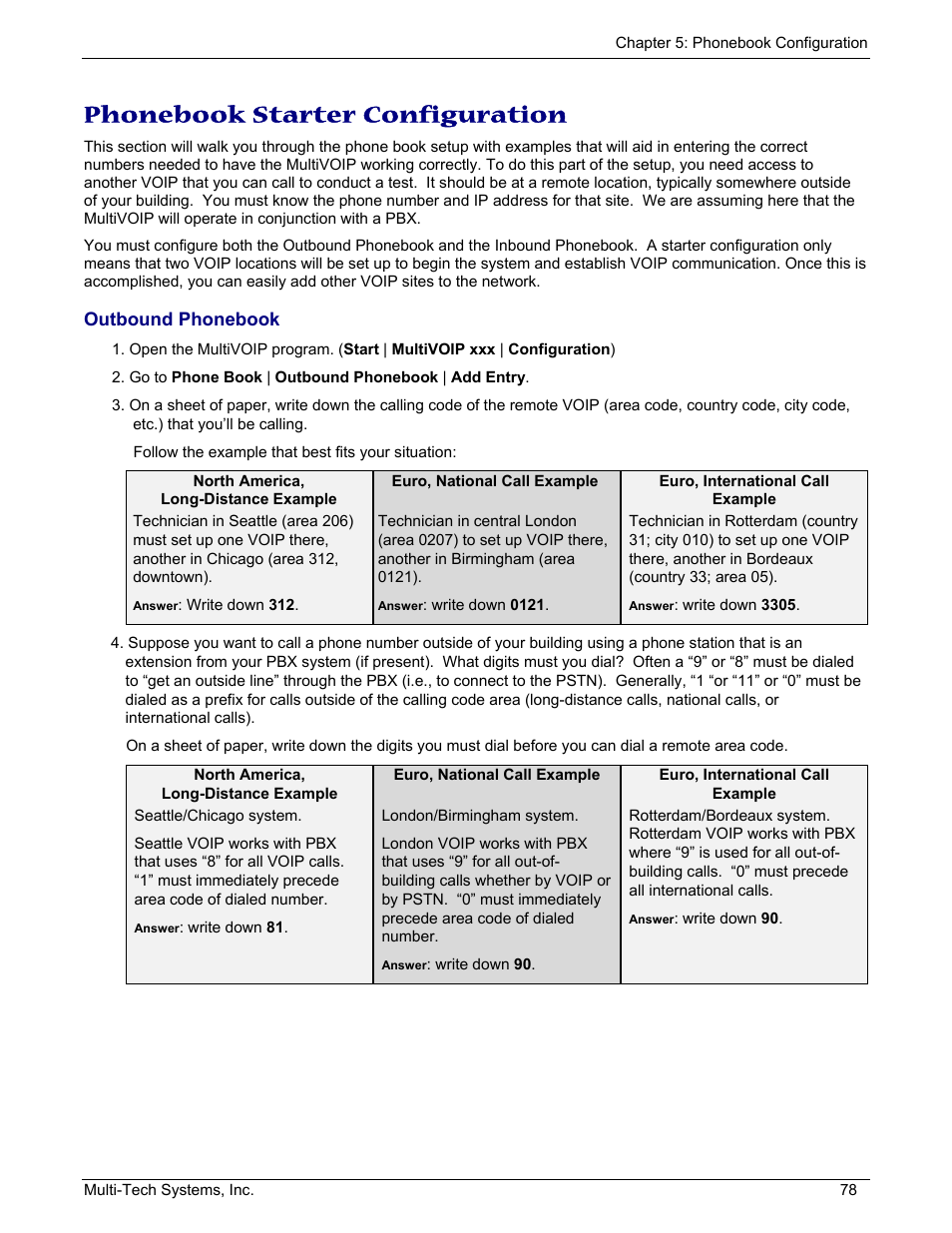 Phonebook starter configuration, Outbound phonebook | Multi-Tech Systems MULTIVOIP MVP210/410/810 User Manual | Page 78 / 144