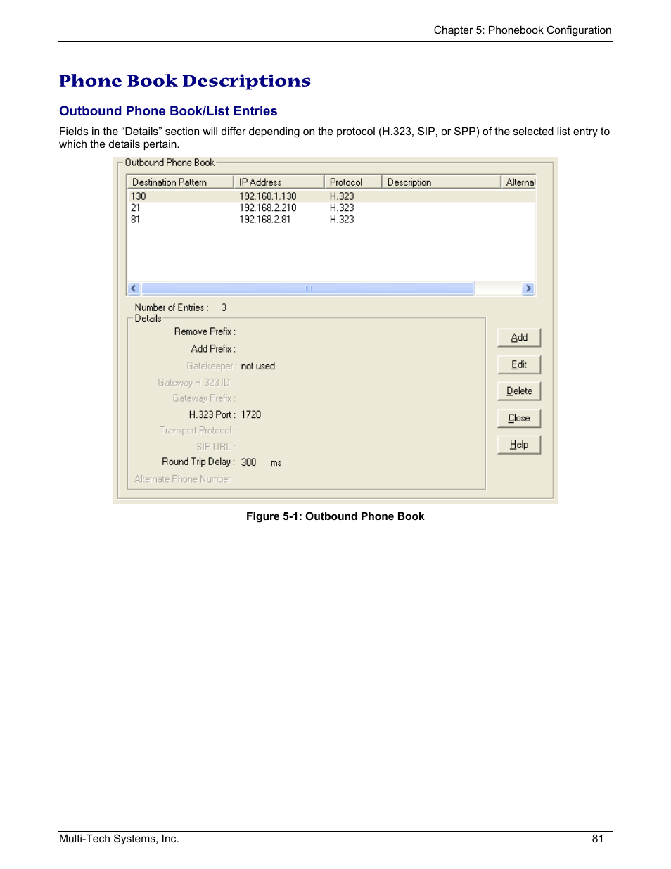 Phone book descriptions, Outbound phone book/list entries | Multi-Tech Systems MULTIVOIP MVP210/410/810 User Manual | Page 81 / 144