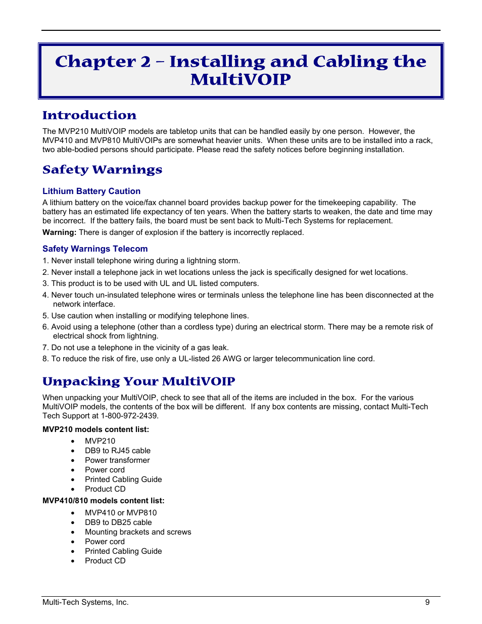 Chapter 2 – installing and cabling the multivoip, Introduction, Safety warnings | Unpacking your multivoip | Multi-Tech Systems MULTIVOIP MVP210/410/810 User Manual | Page 9 / 144