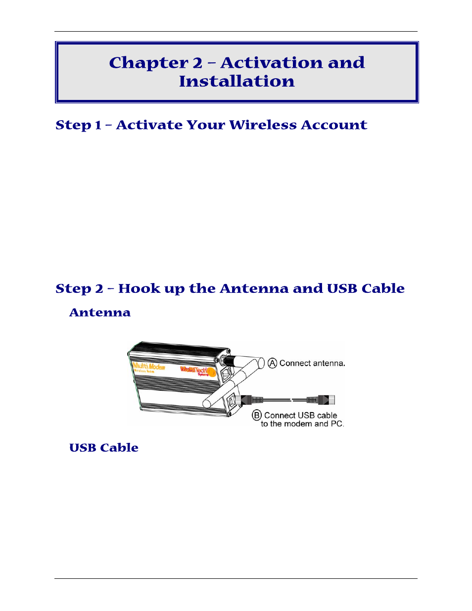Chapter 2 – activation and installation, Step 1 – activate your wireless account, Step 2 – hook up the antenna and usb cable | Antenna, Usb cable | Multi-Tech Systems MTCBA-C-U User Manual | Page 11 / 35