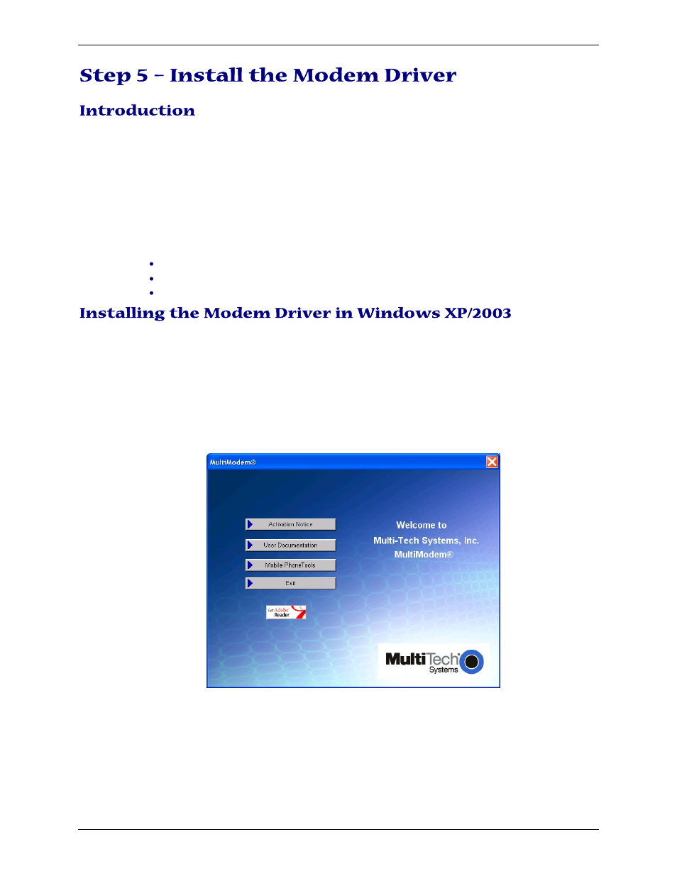 Step 5 – install the modem driver, Introduction, Installing the modem driver in windows xp/2003 | Multi-Tech Systems MTCBA-C-U User Manual | Page 14 / 35