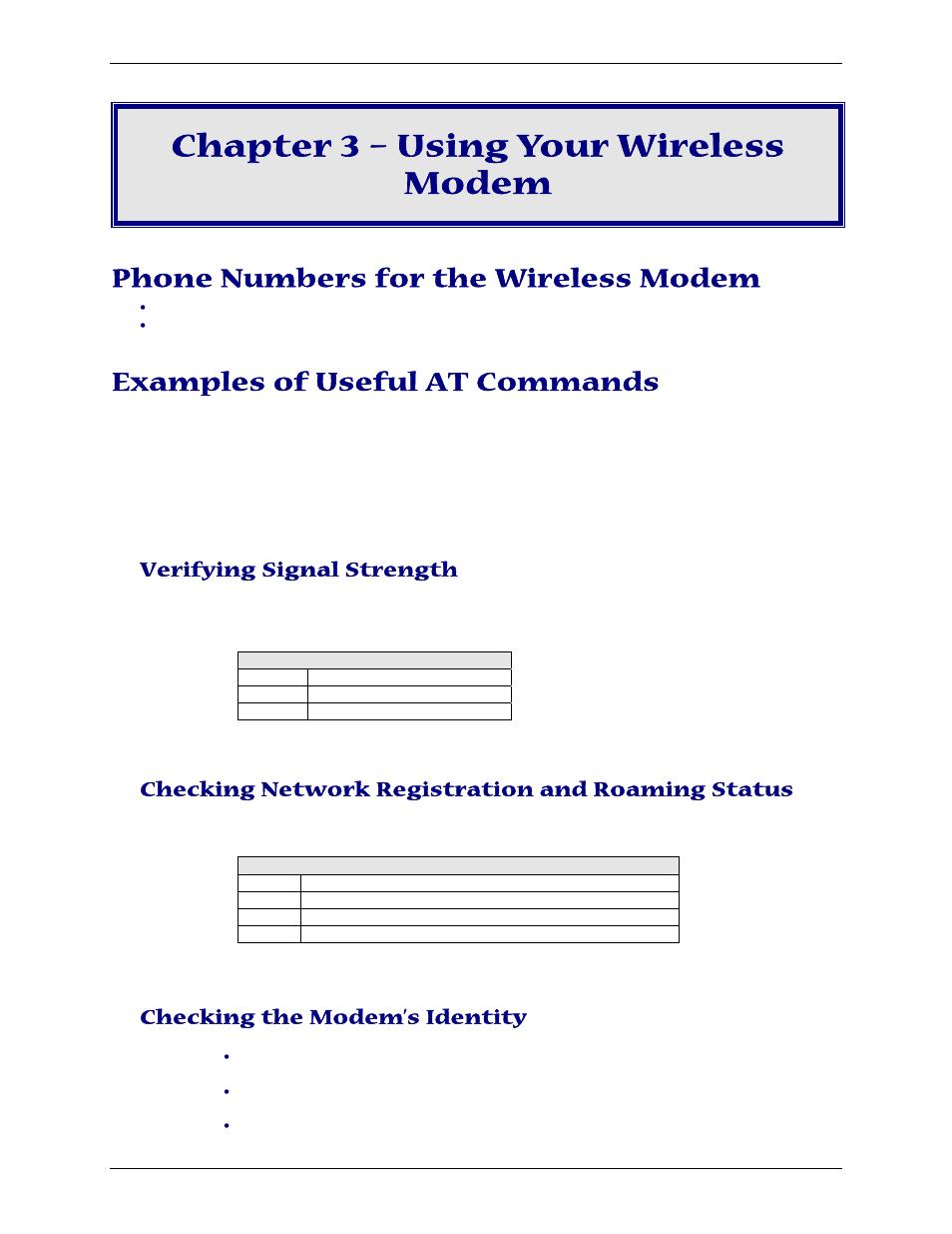Chapter 3 – using your wireless modem, Phone numbers for the wireless modem, Examples of useful at commands | Verifying signal strength, Checking network registration and roaming status, Checking the modem’s identity | Multi-Tech Systems MTCBA-C-U User Manual | Page 22 / 35