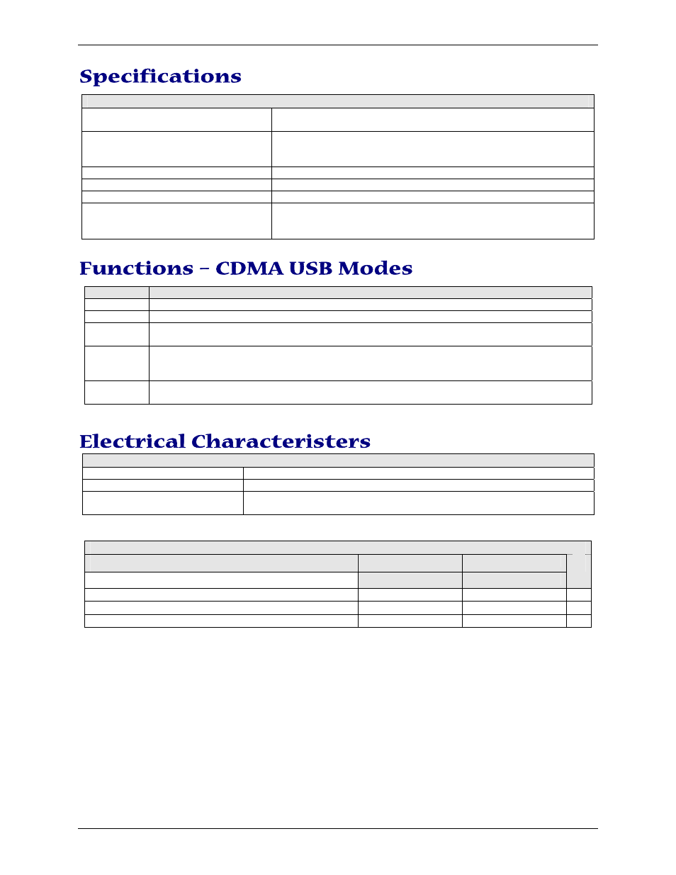 Specifications, Functions – cdma usb modes, Electrical characteristers | Multi-Tech Systems MTCBA-C-U User Manual | Page 9 / 35