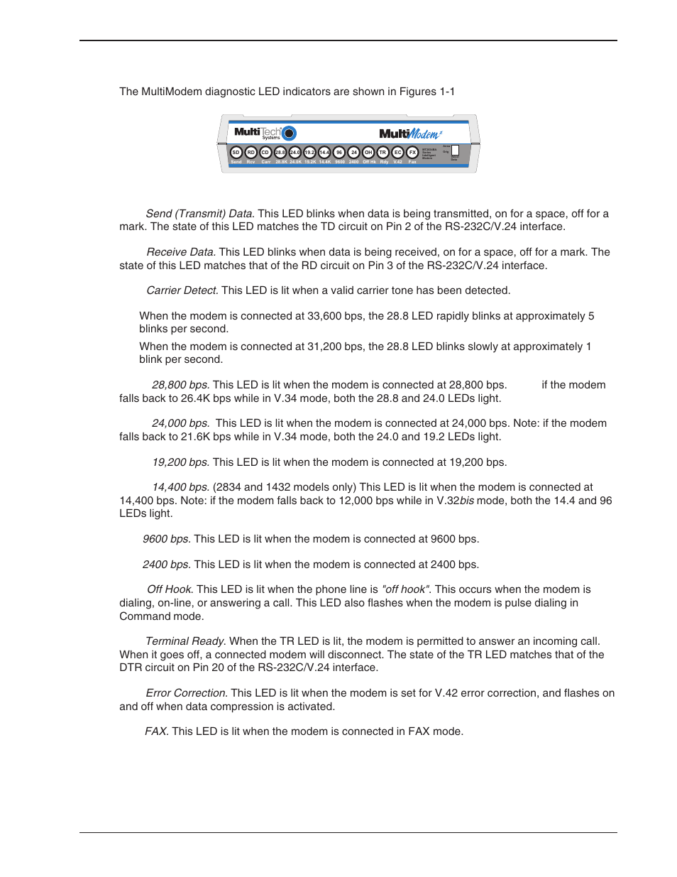 7 modem led indicators, Modem led indicators, 11 chapter 1 - introduction and description | Multi-Tech Systems BA-Series User Manual | Page 11 / 109