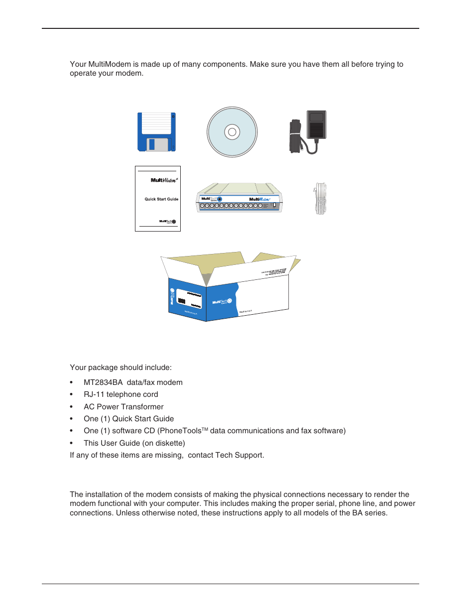 1 what is in your modem package, 2 installation, What is in your modem package | Installation, 14 multimodemba user guide | Multi-Tech Systems BA-Series User Manual | Page 14 / 109