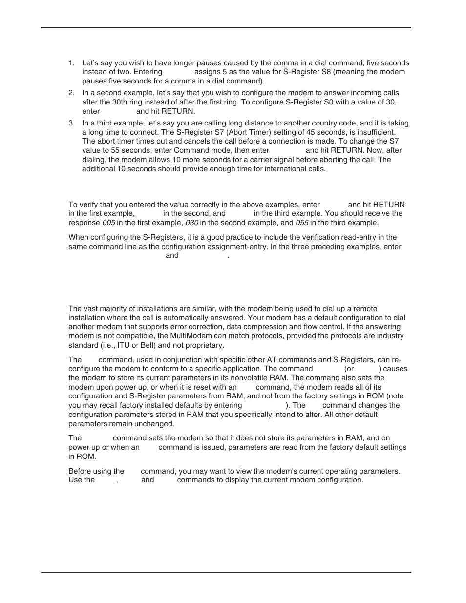 1 examples of assigning values, 2 examples of reading values, 3 at command and s-register summary | Examples of assigning values, Examples of reading values, At command and s-register summary | Multi-Tech Systems BA-Series User Manual | Page 56 / 109