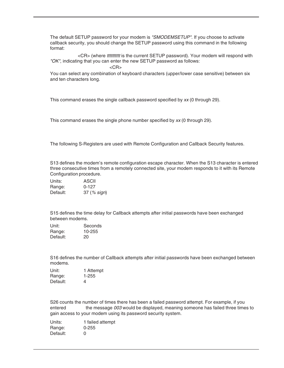 Remote configuration/callback security s-registers | Multi-Tech Systems BA-Series User Manual | Page 63 / 109