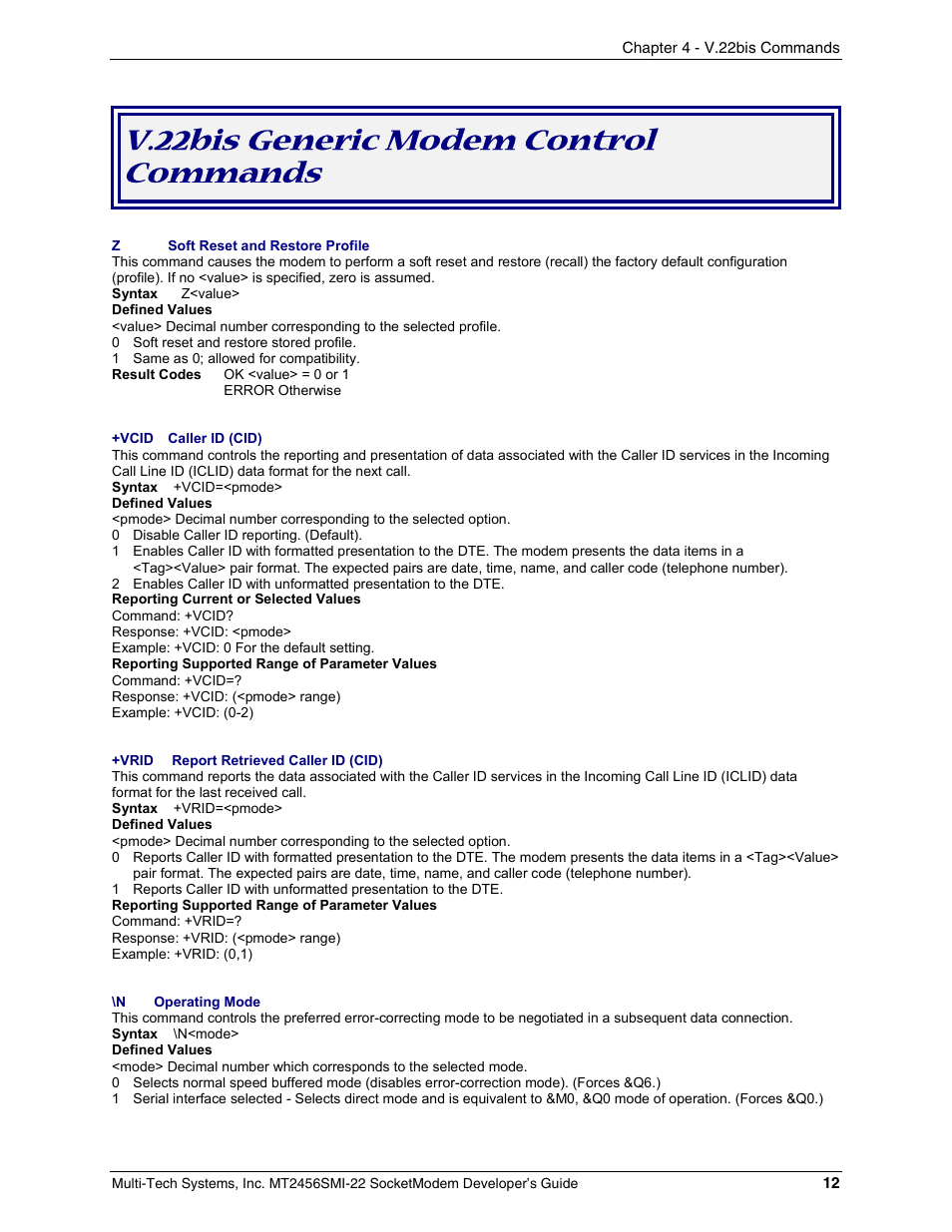 V.22bis generic modem control commands | Multi-Tech Systems MT2456SMI22 User Manual | Page 12 / 58