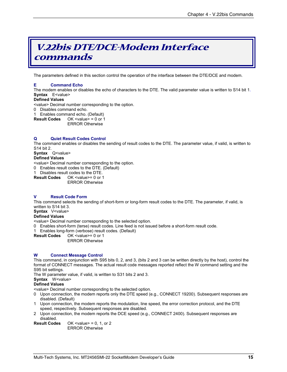 V.22bis dte/dce-modem interface commands | Multi-Tech Systems MT2456SMI22 User Manual | Page 15 / 58