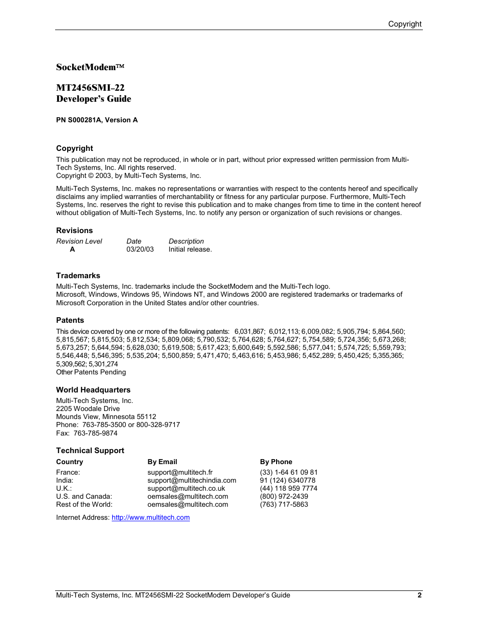 Multi-Tech Systems MT2456SMI22 User Manual | Page 2 / 58