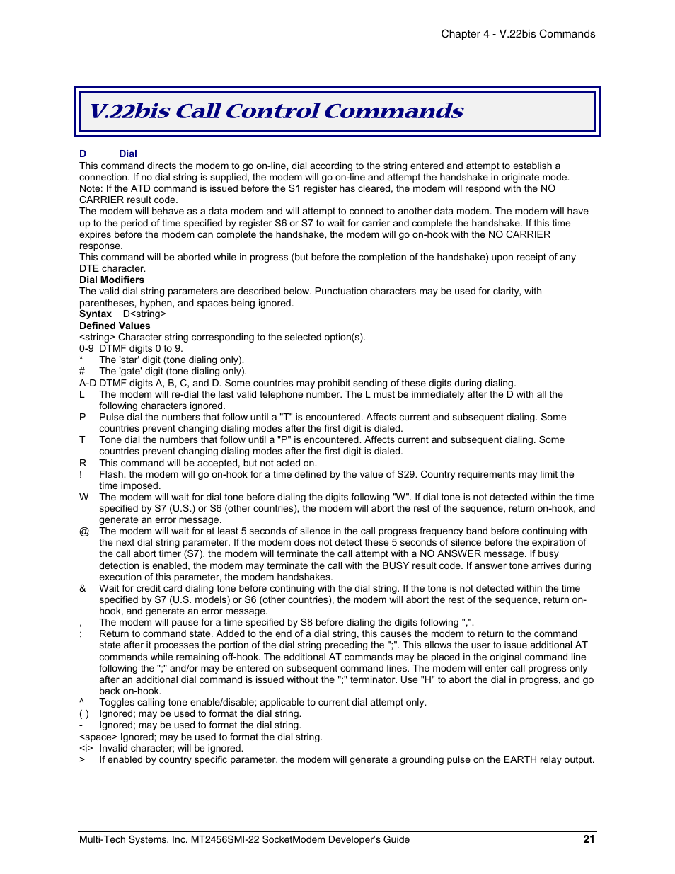 V.22bis call control commands | Multi-Tech Systems MT2456SMI22 User Manual | Page 21 / 58