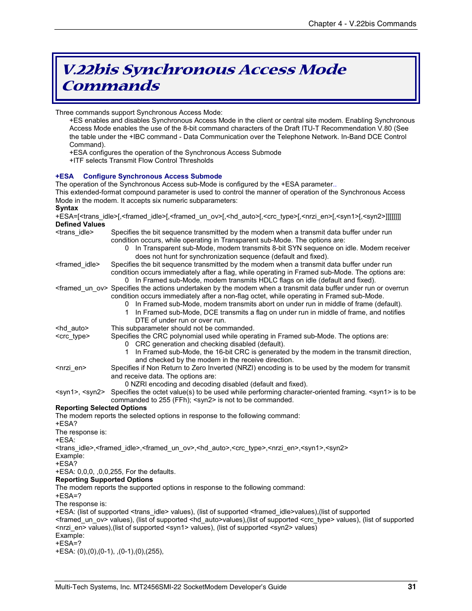 V.22bis synchronous access mode commands | Multi-Tech Systems MT2456SMI22 User Manual | Page 31 / 58
