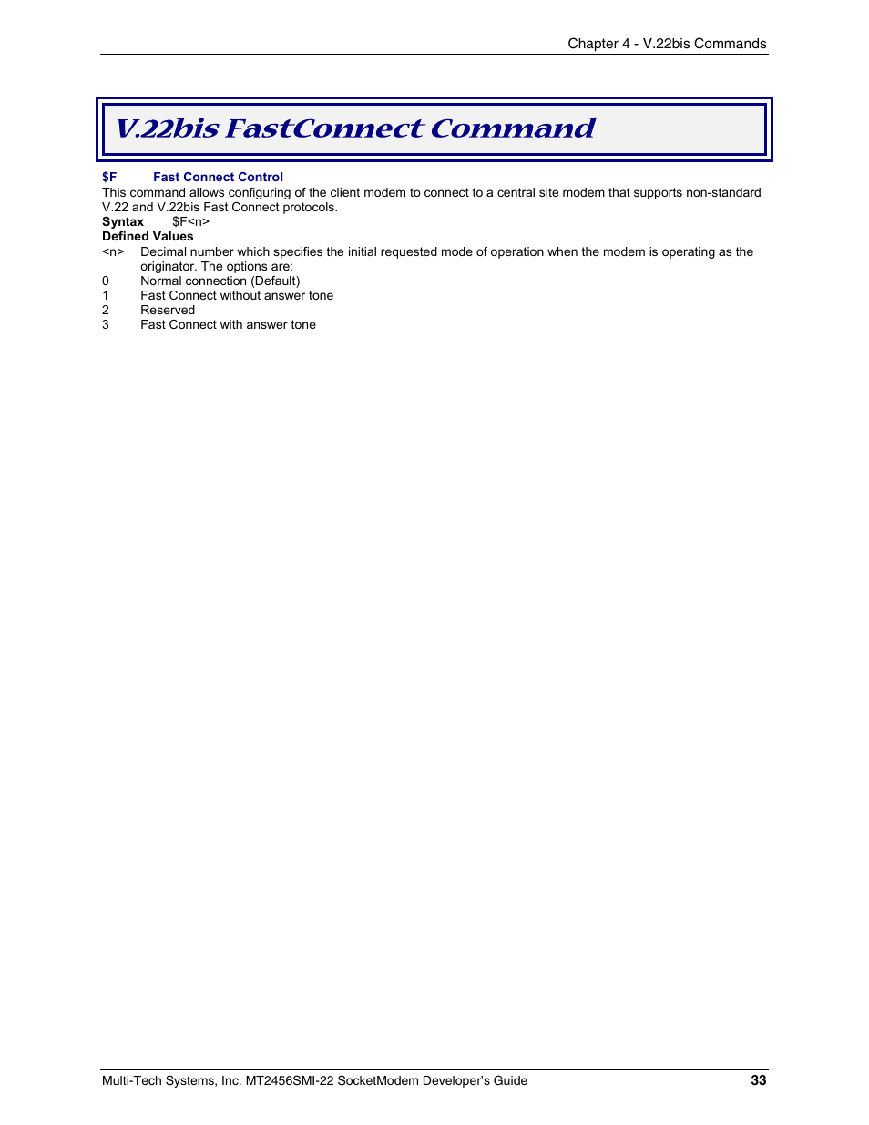 V.22bis fastconnect command | Multi-Tech Systems MT2456SMI22 User Manual | Page 33 / 58