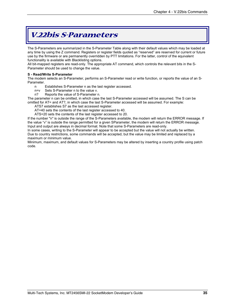 V.22bis s-parameters | Multi-Tech Systems MT2456SMI22 User Manual | Page 35 / 58