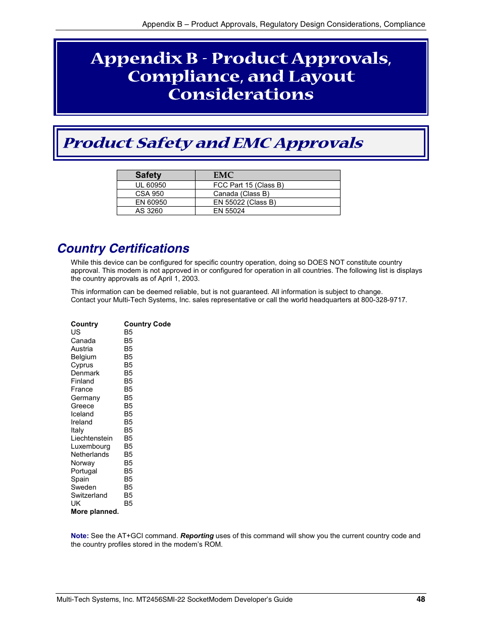 Product safety and emc approvals, Country certifications | Multi-Tech Systems MT2456SMI22 User Manual | Page 48 / 58