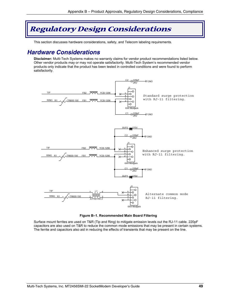 Regulatory design considerations, Hardware considerations | Multi-Tech Systems MT2456SMI22 User Manual | Page 49 / 58
