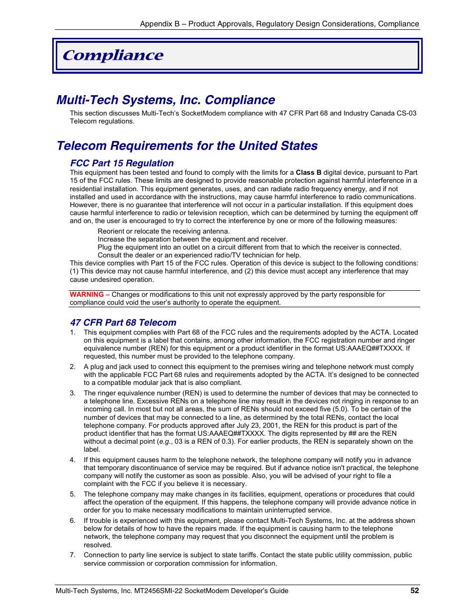 Compliance, Multi-tech systems, inc. compliance, Telecom requirements for the united states | Multi-Tech Systems MT2456SMI22 User Manual | Page 52 / 58
