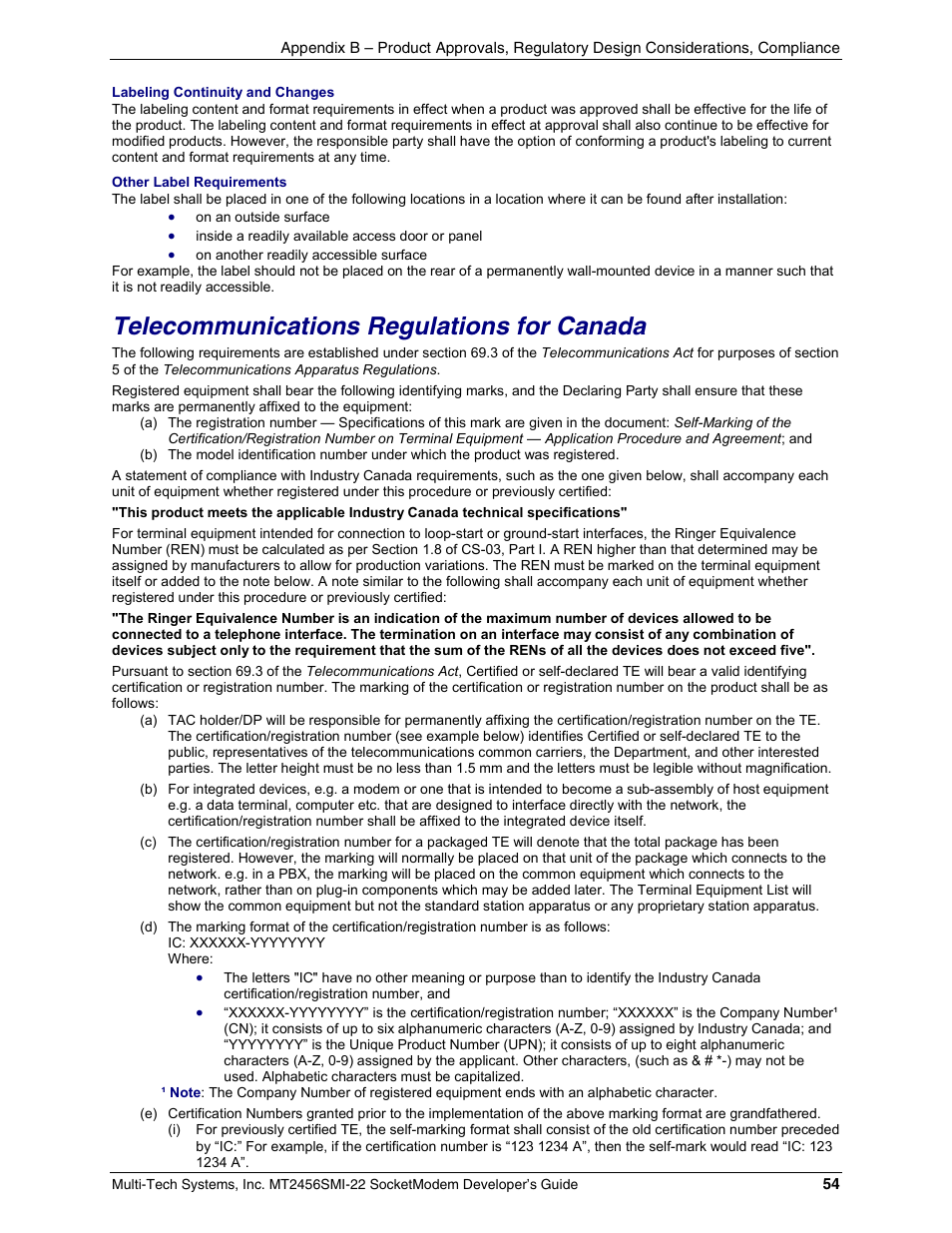Telecommunications regulations for canada | Multi-Tech Systems MT2456SMI22 User Manual | Page 54 / 58