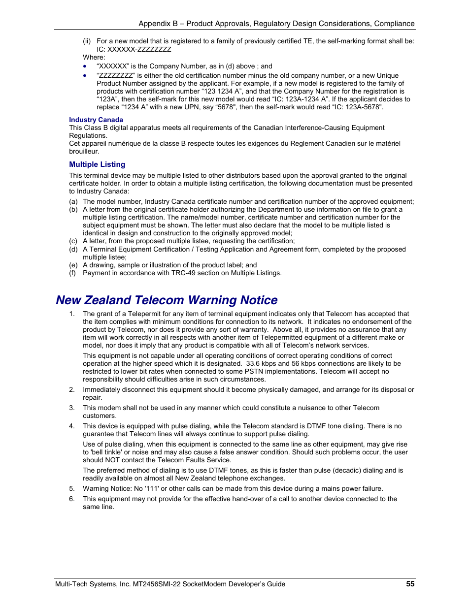 New zealand telecom warning notice | Multi-Tech Systems MT2456SMI22 User Manual | Page 55 / 58