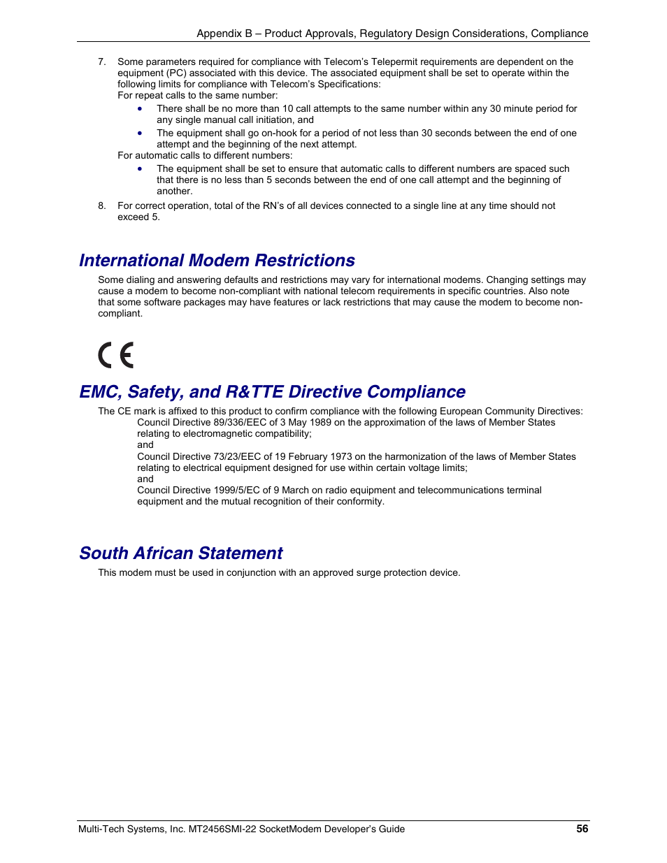 International modem restrictions, Emc, safety, and r&tte directive compliance, South african statement | Multi-Tech Systems MT2456SMI22 User Manual | Page 56 / 58