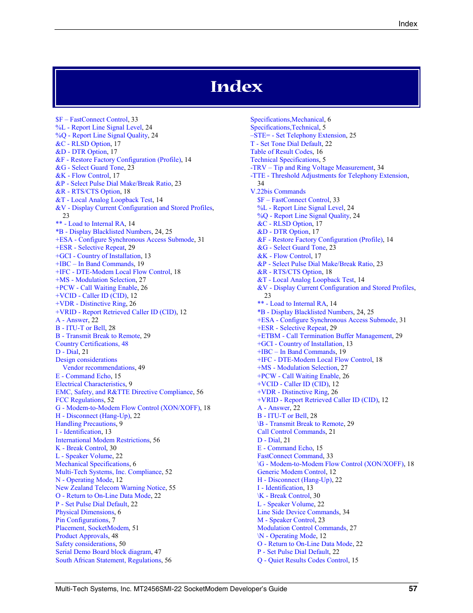 Index | Multi-Tech Systems MT2456SMI22 User Manual | Page 57 / 58