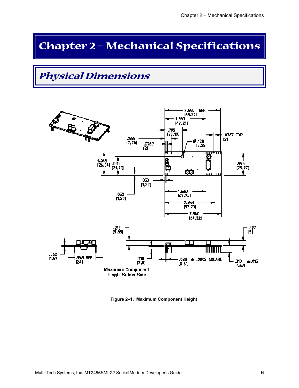 Chapter 2 – mechanical specifications, Physical dimensions | Multi-Tech Systems MT2456SMI22 User Manual | Page 6 / 58