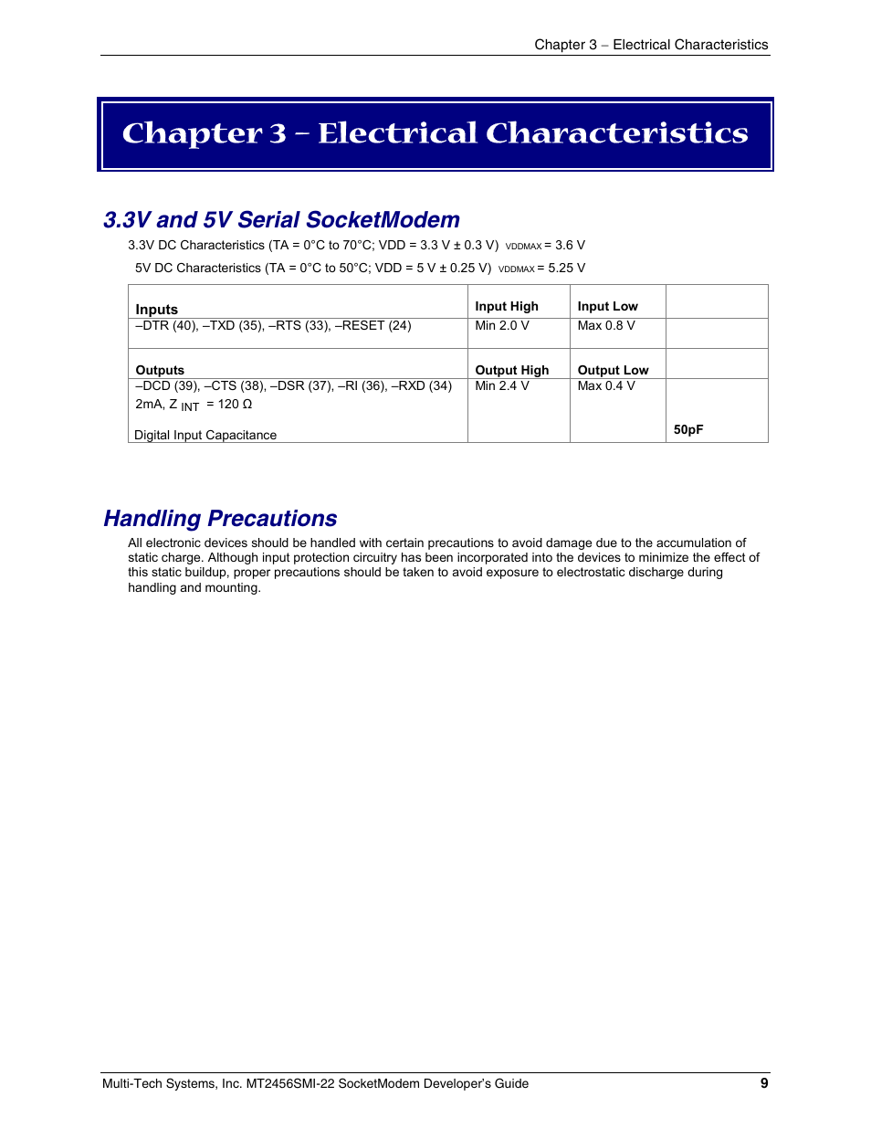 Chapter 3 – electrical characteristics, 3v and 5v serial socketmodem, Handling precautions | Multi-Tech Systems MT2456SMI22 User Manual | Page 9 / 58