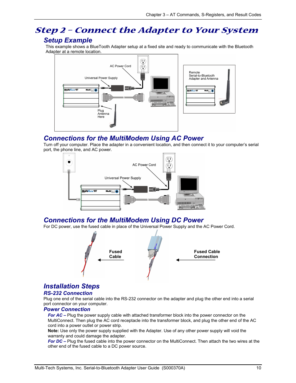 Step 2 – connect the adapter to your system, Setup example, Connections for the multimodem using ac power | Connections for the multimodem using dc power, Installation steps | Multi-Tech Systems MTS2BTA User Manual | Page 10 / 20