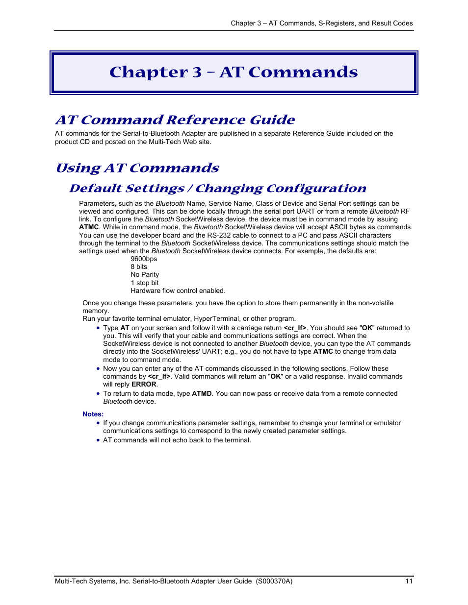 Chapter 3 – at commands, At command reference guide, Using at commands | Default settings / changing configuration | Multi-Tech Systems MTS2BTA User Manual | Page 11 / 20
