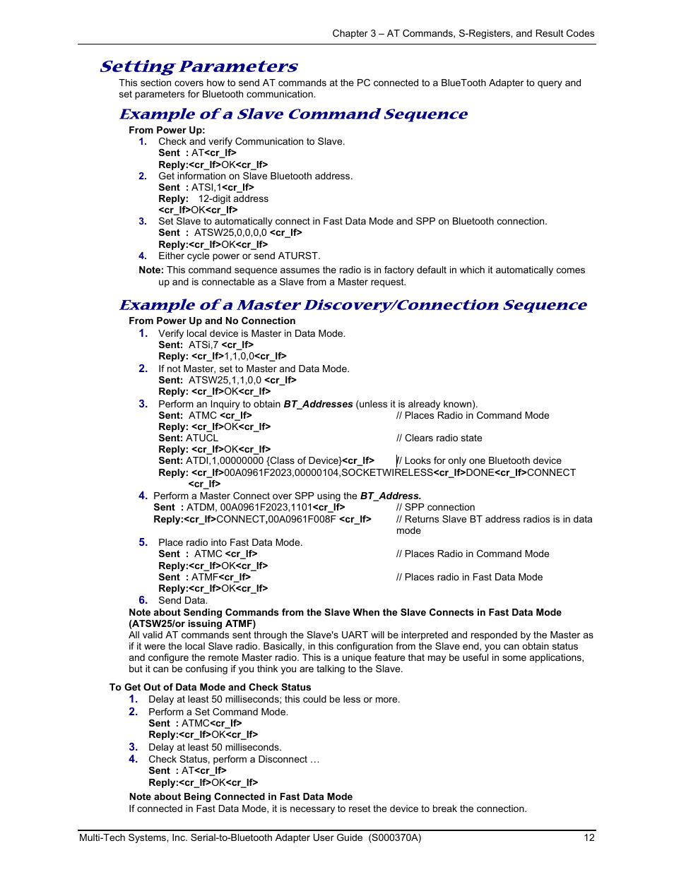 Setting parameters, Example of a slave command sequence, Example of a master discovery/connection sequence | Multi-Tech Systems MTS2BTA User Manual | Page 12 / 20