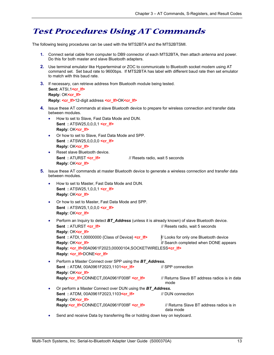 Test procedures using at commands | Multi-Tech Systems MTS2BTA User Manual | Page 13 / 20