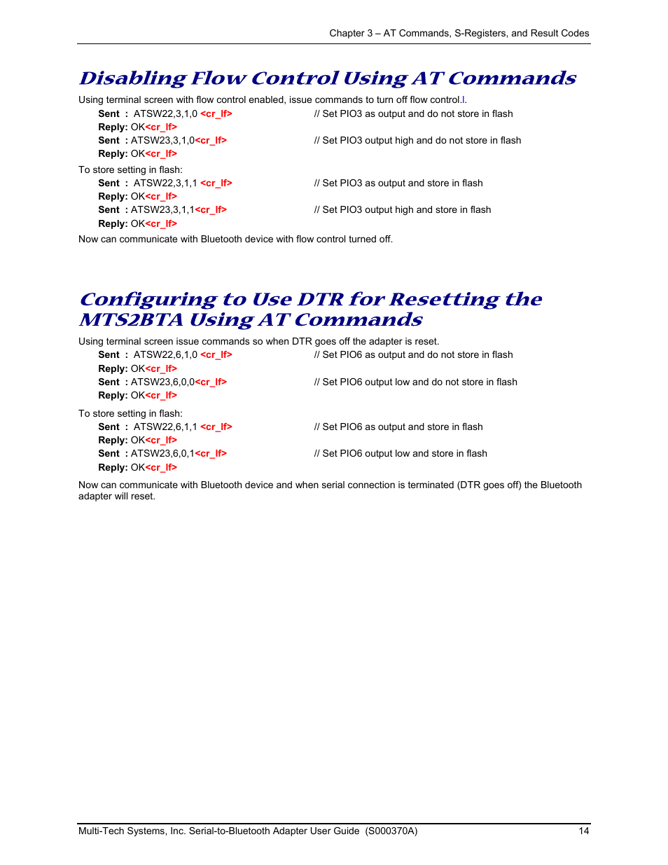 Disabling flow control using at commands | Multi-Tech Systems MTS2BTA User Manual | Page 14 / 20