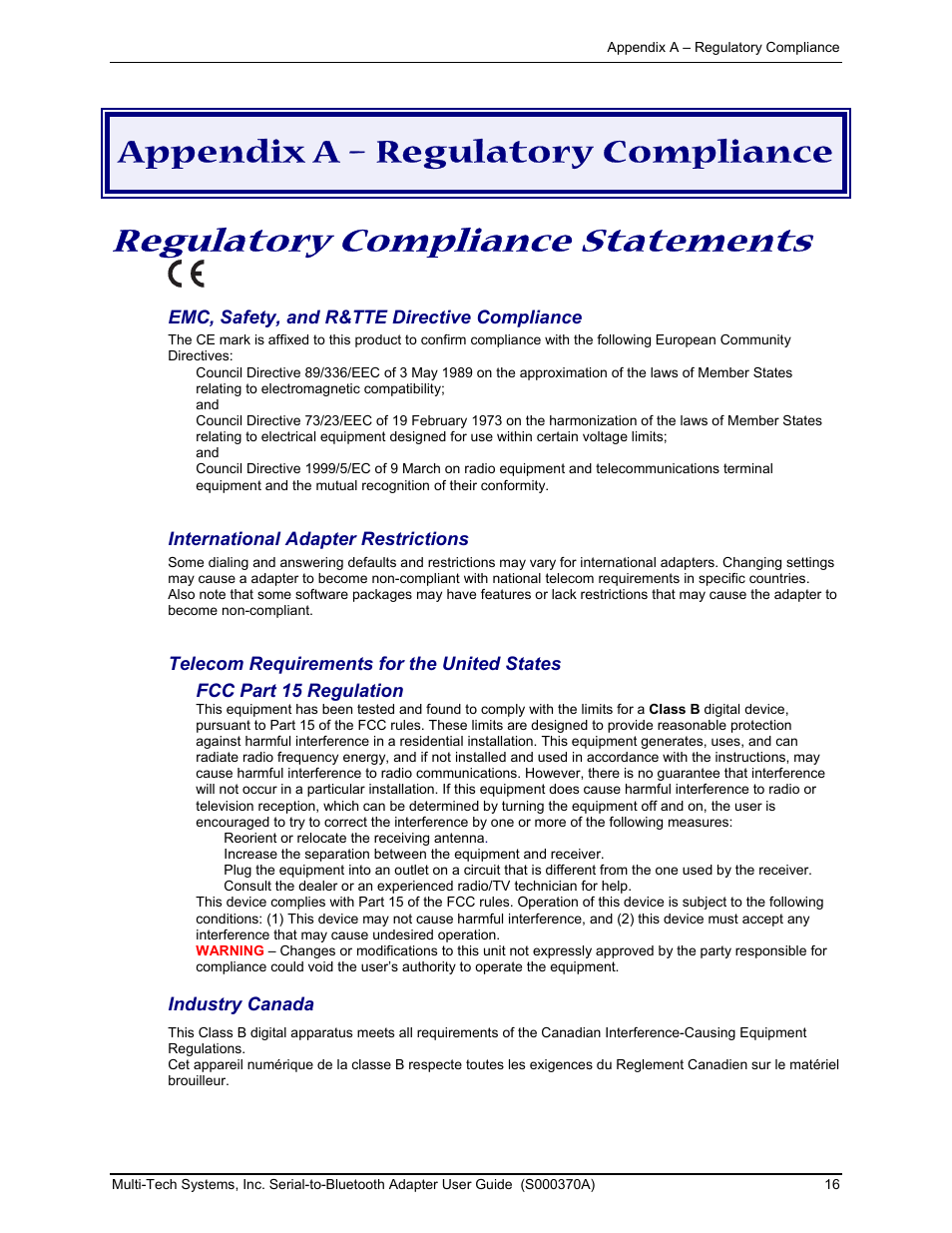 Regulatory compliance statements, Appendix a – regulatory compliance | Multi-Tech Systems MTS2BTA User Manual | Page 16 / 20