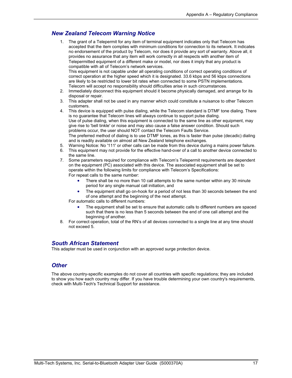New zealand telecom warning notice, South african statement, Other | Multi-Tech Systems MTS2BTA User Manual | Page 17 / 20