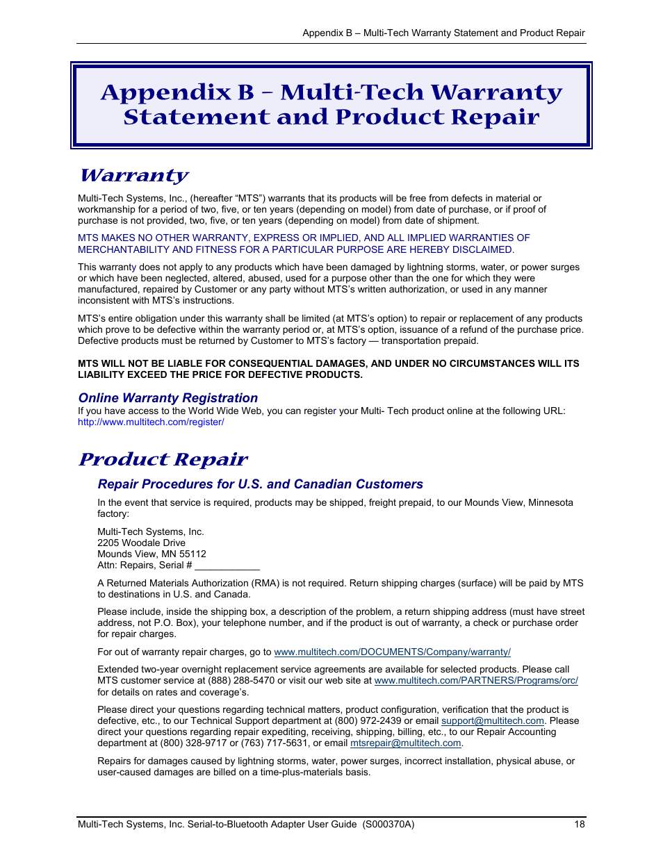 Warranty, Product repair | Multi-Tech Systems MTS2BTA User Manual | Page 18 / 20